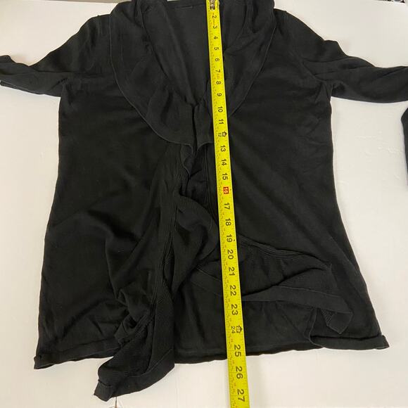 Women's Black Silk Cashmere Ruffle Front Whimsigoth Minimalist Cardigan Sweater - Picture 9 of 10